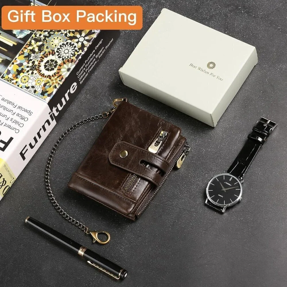 ✨Men Brown Chain Wallets Bifold Blocking with Chain Leather with Coin Pocket